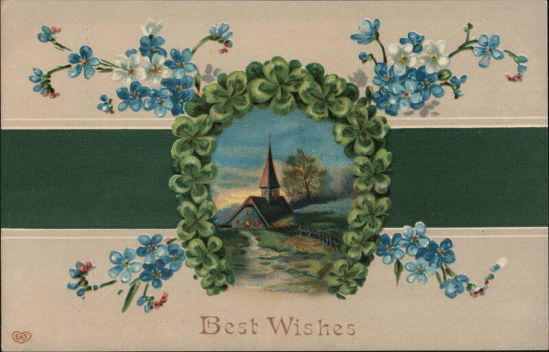 Church in Countryside, Shamrocks and Forget-Me-Nots, Best Wishes