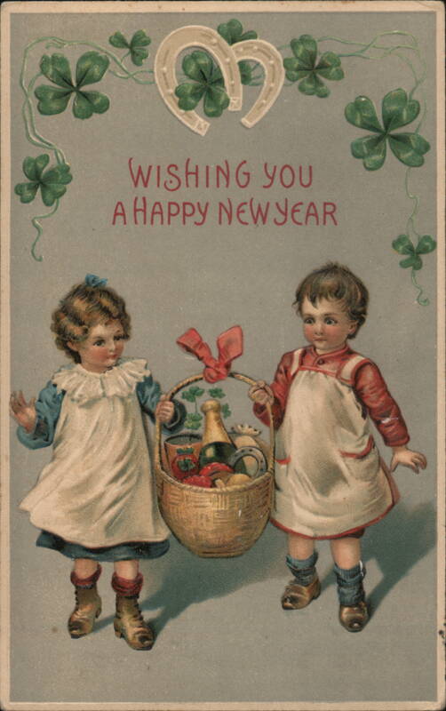 Happy New Year Children with Basket of Food Postcard