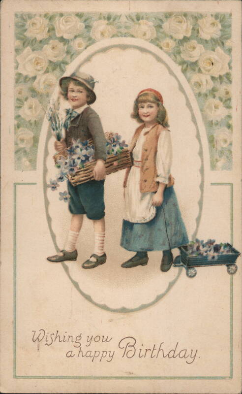 Boy & Girl with Violets, Birthday Postcard
