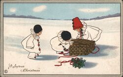 Three Children in Pierrot Costumes with Christmas Gift Basket Postcard