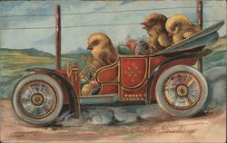 Three Chicks in Antique Car, Easter Greetings Postcard