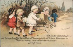 Children with Pram, Rally Day Sunday School Postcard