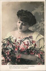 Woman with Bouquet of Flowers Postcard