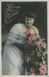 Bonne Année, Young Woman with Flowers Postcard