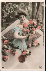 Bonne Année, Beautiful Woman with Roses, French Postcard Postcard