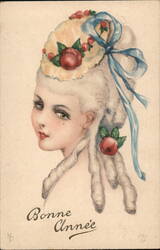 Bonne Année, Young Girl with Decorated White Wig, Primus No. 2066 Postcard