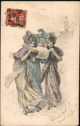 Three Women with Muffs and Hats Postcard