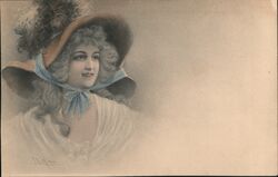 Woman with Feathered Hat and Blue Ribbon Postcard