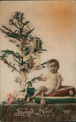 Baby by Christmas Tree, Joyeux Noel Postcard