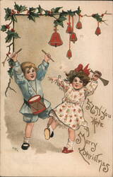 Boy and Girl Playing Instruments, Merry Christmas Postcard