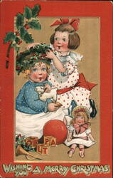 Two Girls with Toys, Wishing You A Merry Christmas Postcard