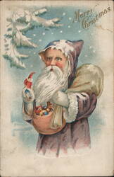 Merry Christmas Santa Claus in Purple with Elf and Toys Postcard