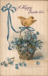 Happy Easter Chick on Basket of Forget-Me-Nots Postcard