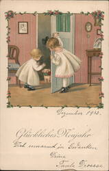 Children Opening Door for Piglet, Happy New Year 1933 Postcard Postcard