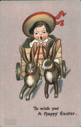Baby in Cart Pulled by Rabbits, Happy Easter Postcard Postcard