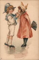 Patriotic Children, Boy in Sailor Suit, Girl with Fan Postcard