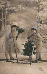 Bonne Année, Two Children with Skis, Christmas Tree Postcard