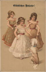 Three Girls and a Dog, "Glückliches Neujahr!" Postcard