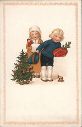 Antique Christmas Postcard, Children with Gifts and Tree Postcard