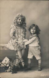Antique Photo Postcard, Two Young Children with Flowers Postcard