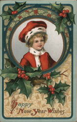 Happy New Year Wishes, Child in Red Suit Postcard