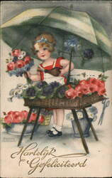 Little Girl Selling Flowers Under Umbrella, Hartelijk Gefeliciteerd Postcard