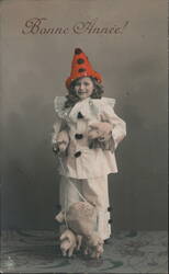 Bonne Année! Girl in Clown Costume with Toy Pigs Postcard