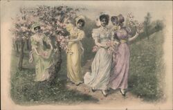 Four Women in Pastel Dresses with Spring Flowers Postcard