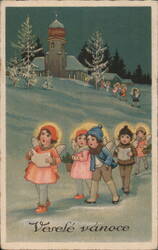 Czech Christmas Angels Caroling in Snow by Church Veselé vánoce Postcard
