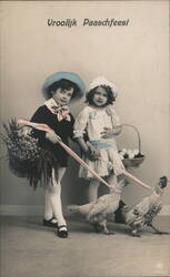 Dutch Easter Postcard, Boy & Girl with Chickens Postcard
