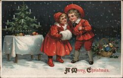 Boy and Girl in Red with Christmas Tree Postcard