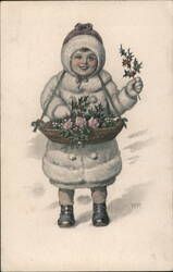 Child with Holly Sprig and Basket of Flowers Postcard