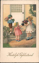 Three Dutch Children with Flowers, Hartelijk Gefeliciteerd Postcard