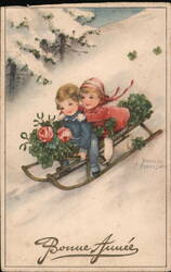 Bonne Année, Children Sledding, Vintage Postcard Postcard