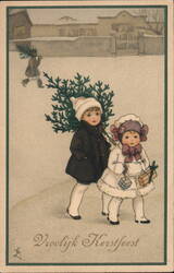 Two Children Carrying Christmas Tree, Vroolyk Kerstfeest Postcard