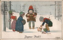 Four Children with Pigs, Joyeux Noël! Postcard