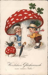 New Year's Postcard, Children Hiding Under Mushroom with Crow Postcard