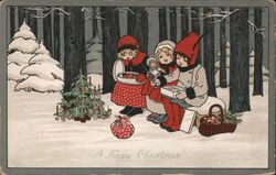Three Kids and a Clumsy Christmas Tree Postcard