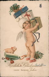 Cherubic Angel Carrying Christmas Gifts, New Year Postcard Postcard