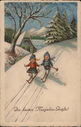 Children Skiing, New Year's Greetings Postcard