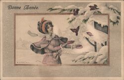 Bonne Année - Woman Feeding Birds in Winter Postcard