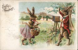 Easter Rabbits, One with Basket of Eggs, One with Camera Postcard
