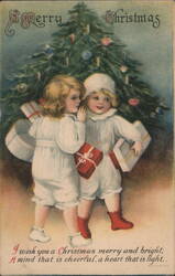Two Children Whispering by Christmas Tree Postcard