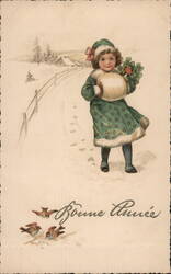 Bonne Année, Girl in Snow with Holly, Vintage Postcard Postcard