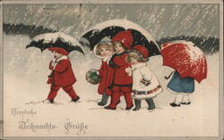 Children with Umbrellas in Snow, Herzliche Weihnachts-Grüße Postcard