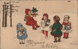 Joyeux Noël - Children with Christmas Toys in Snow Postcard