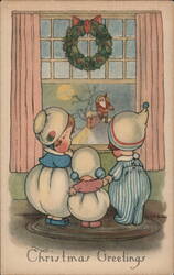 Three Children Watching Santa Claus through Window, Christmas Greetings Postcard