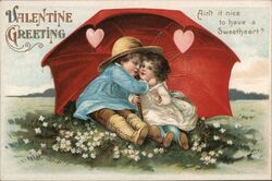 Valentine Greeting, Boy and Girl Under Umbrella Postcard