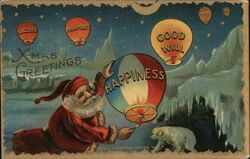 Santa Lights Happiness Hot Air Balloon, Merry Christmas Postcard