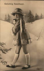 Gelukkig Kerstfeest. Girl in Fur-trimmed Coat with Gift, Snowy Scene Postcard